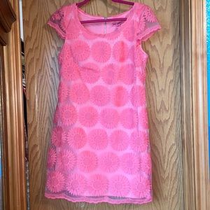 BETSEY JOHNSON Pink Embroidered Flower Overlay Mini Shift Dress